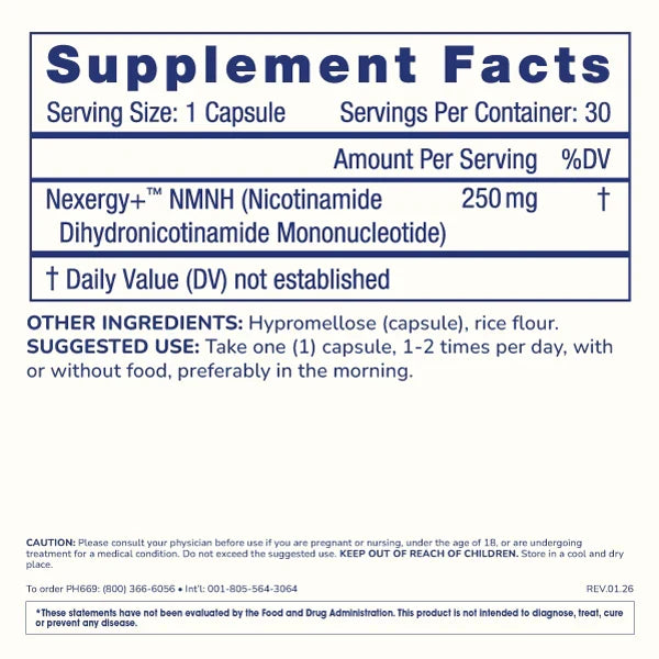 Supplement Facts panel for ProHealth Longevity Essentials NMNH 250 showing 250 mg Nexergy+™ NMNH per capsule and suggested use details.