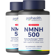 Front-facing two-bottle render of ProHealth Longevity Essentials NMNH 500 with Nexergy+™ NMNH for cellular vitality support.