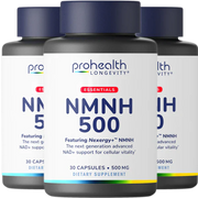 Three-bottle display of ProHealth Longevity Essentials NMNH 500 featuring Nexergy+™ NMNH dietary supplement, 30 capsules and 500 mg strength.