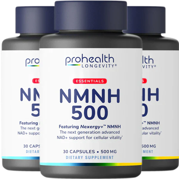 Three-bottle display of ProHealth Longevity Essentials NMNH 500 featuring Nexergy+™ NMNH dietary supplement, 30 capsules and 500 mg strength.