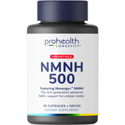 Single bottle product render of ProHealth Longevity Essentials NMNH 500 dietary supplement featuring Nexergy+™ NMNH.
