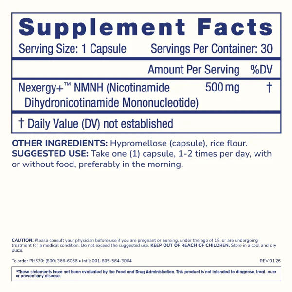 Supplement Facts panel for ProHealth Longevity Essentials NMNH 500 showing 500 mg Nexergy+™ NMNH per capsule and suggested use details.