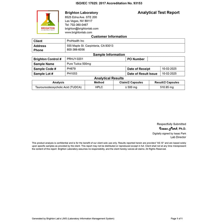 Prohealth Longevity Pure TUDCA Certificate of Analysis