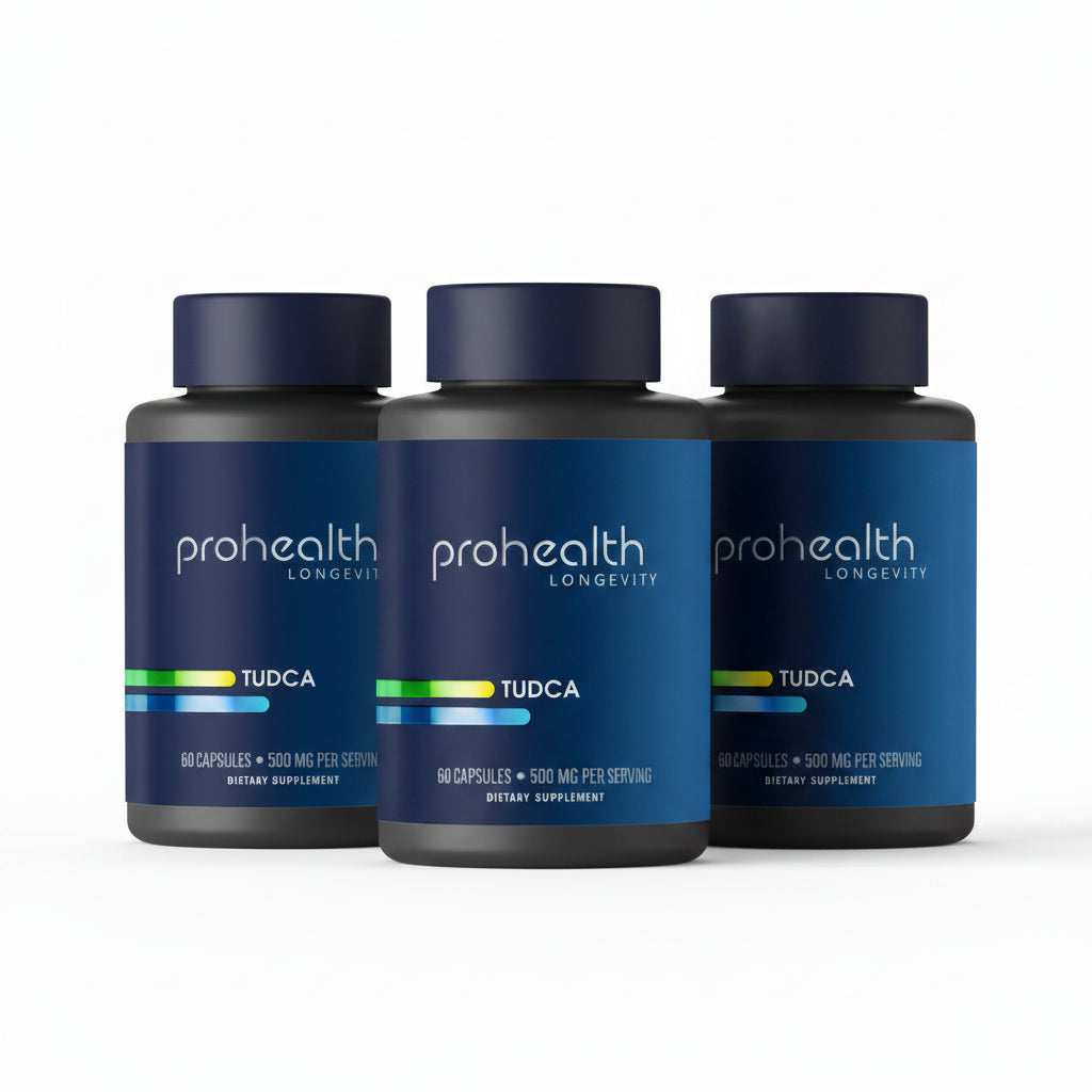 Three bottles of Prohealth Longevity Pure TUDCA provides clinical-strength support for healthy bile flow, liver detox, and cellular resilience, helping you feel lighter, clearer, and more energized every day.