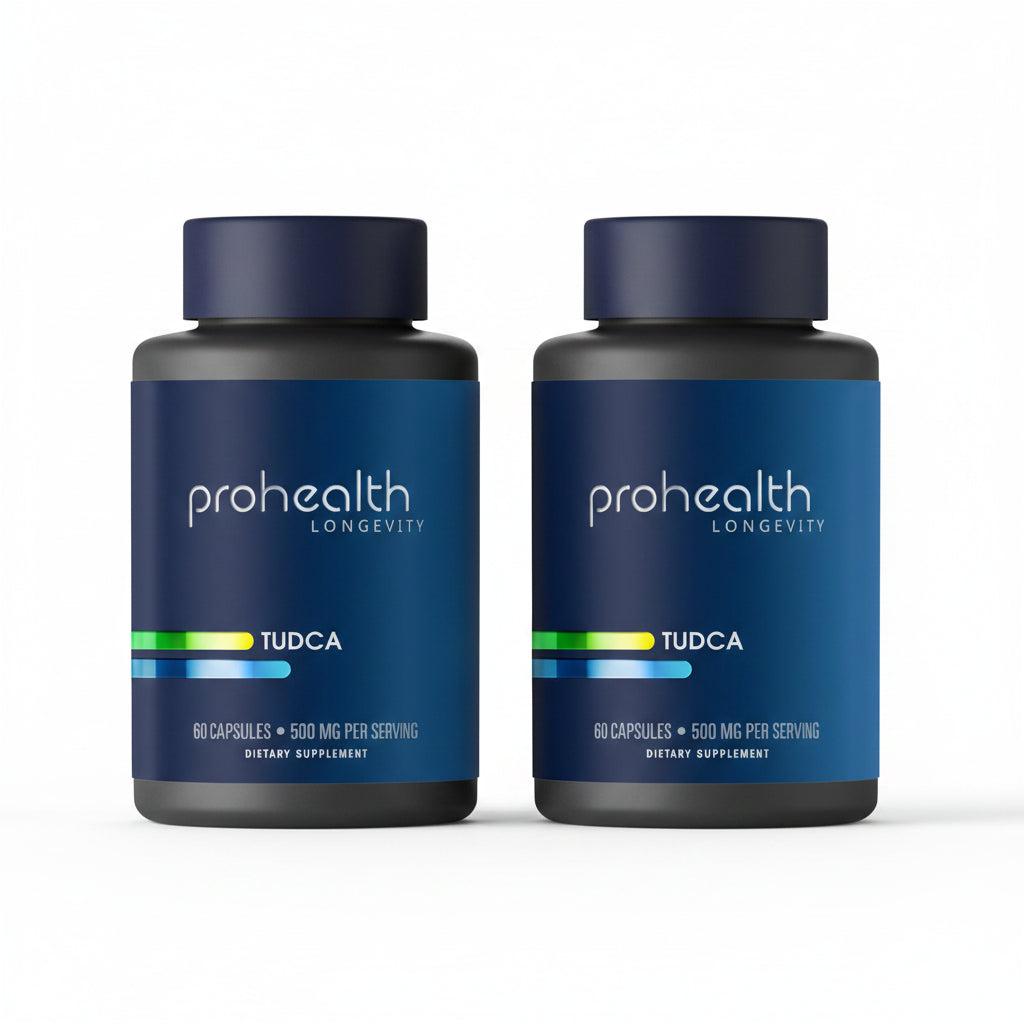 Two bottles of Prohealth Longevity Pure TUDCA provides clinical-strength support for healthy bile flow, liver detox, and cellular resilience, helping you feel lighter, clearer, and more energized every day.
