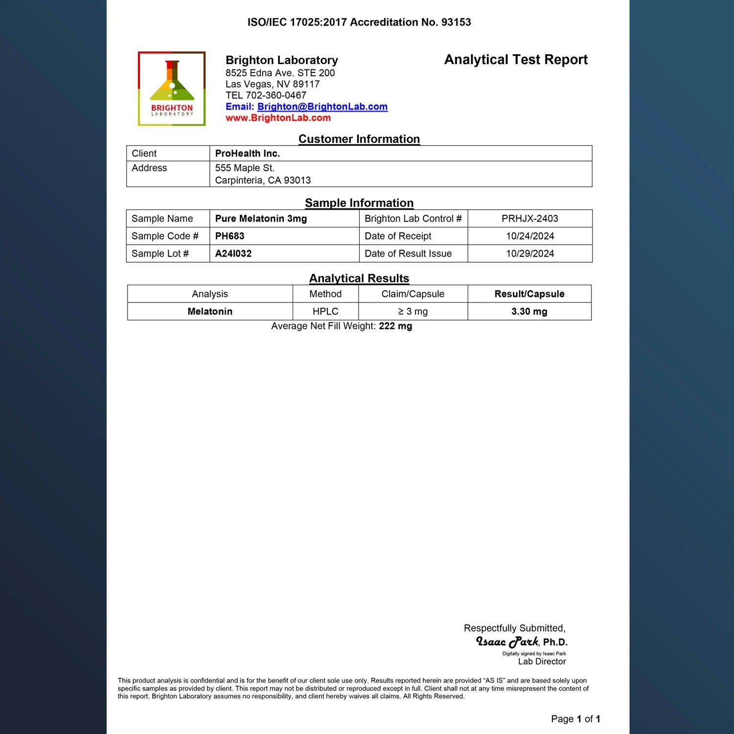 ProHealth Longevity Pure Melatonin - Analytical Test Report