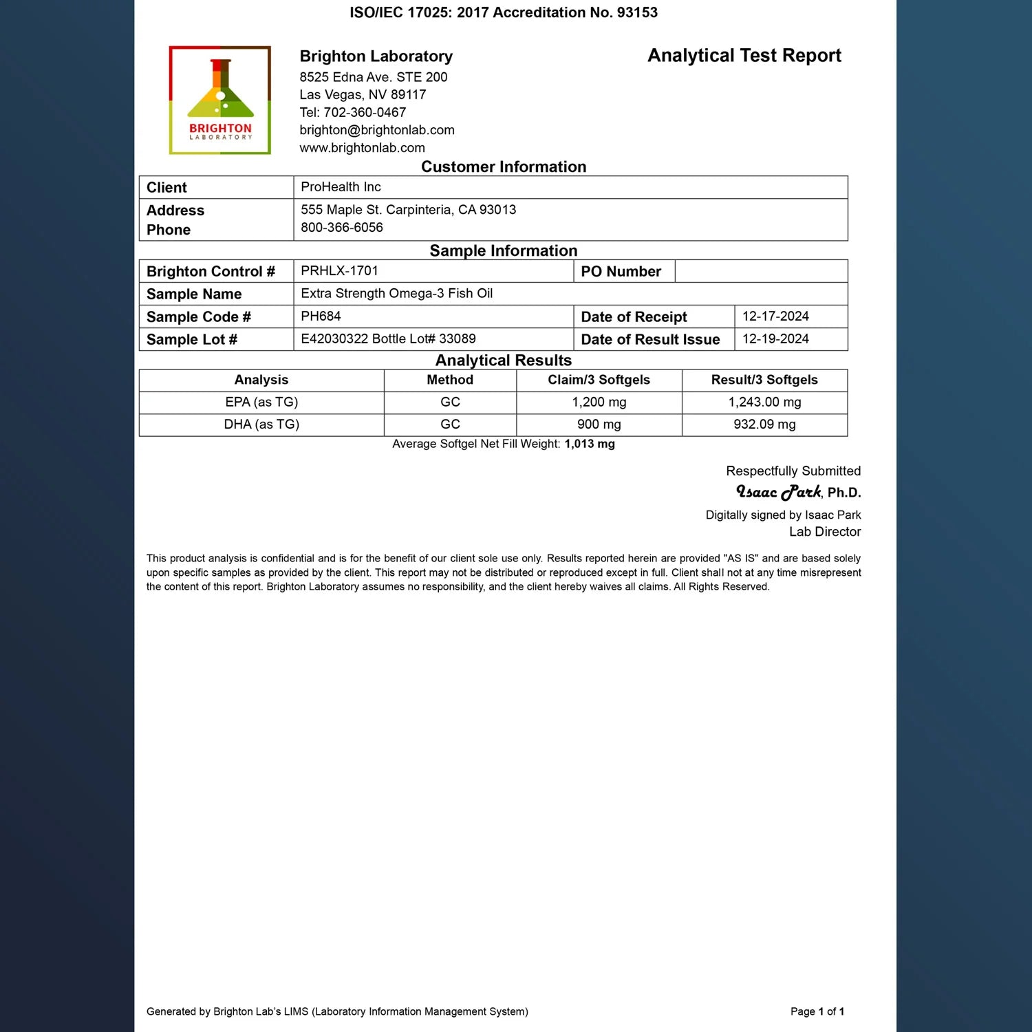 ProHealth Longevity Extra Strength Omega-3 Fish Oil - 120 softgels - Analytical Test Report