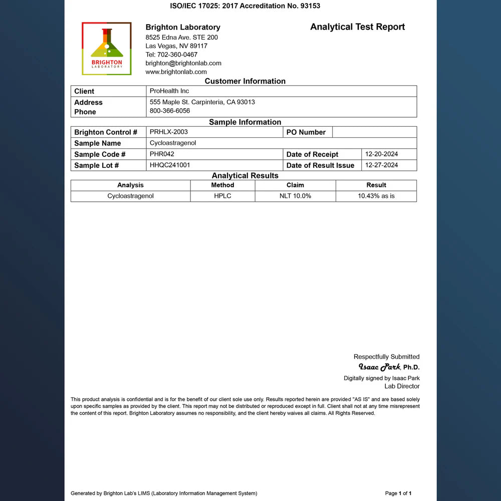Prohealth Longevity Cycloastragenol Certificate of Analysis