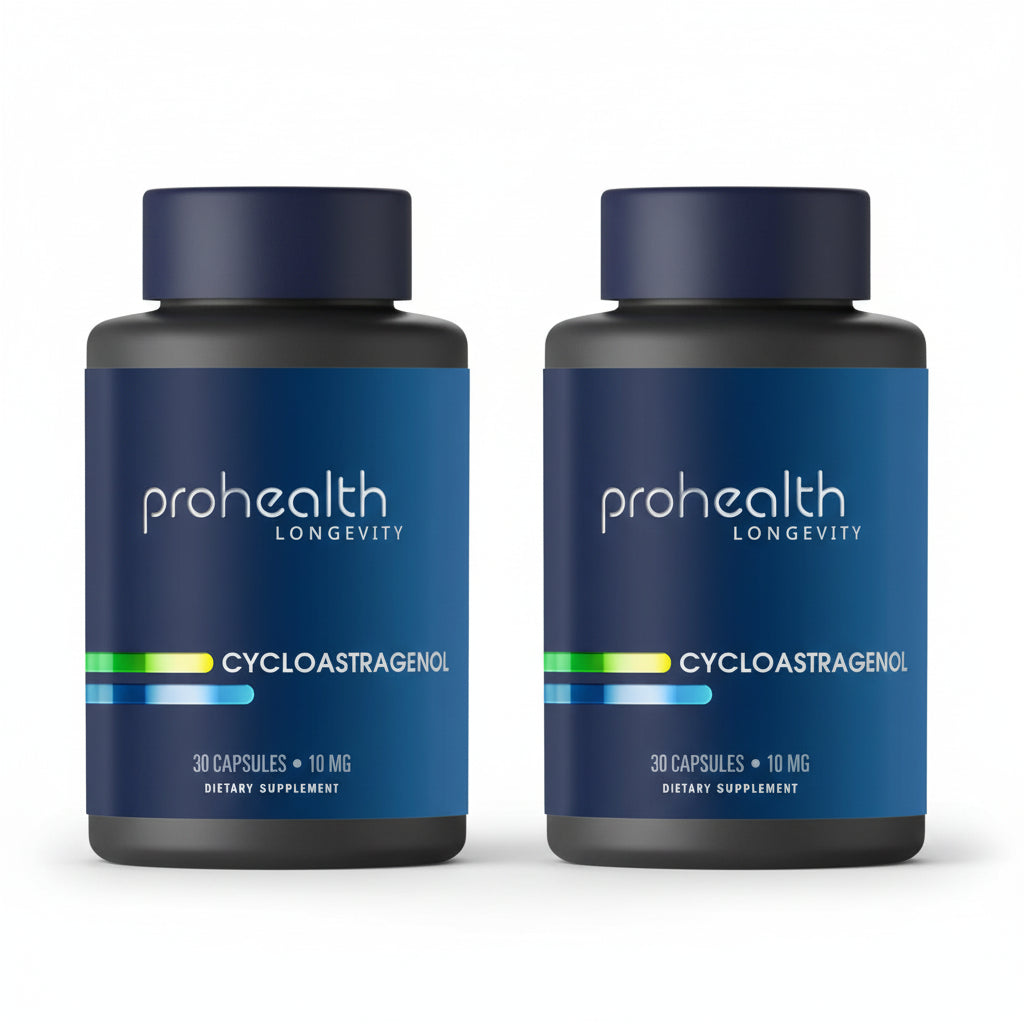 Two bottles of Prohealth Longevity Cycloastragenol offers a scientifically backed way to support cellular renewal and DNA integrity