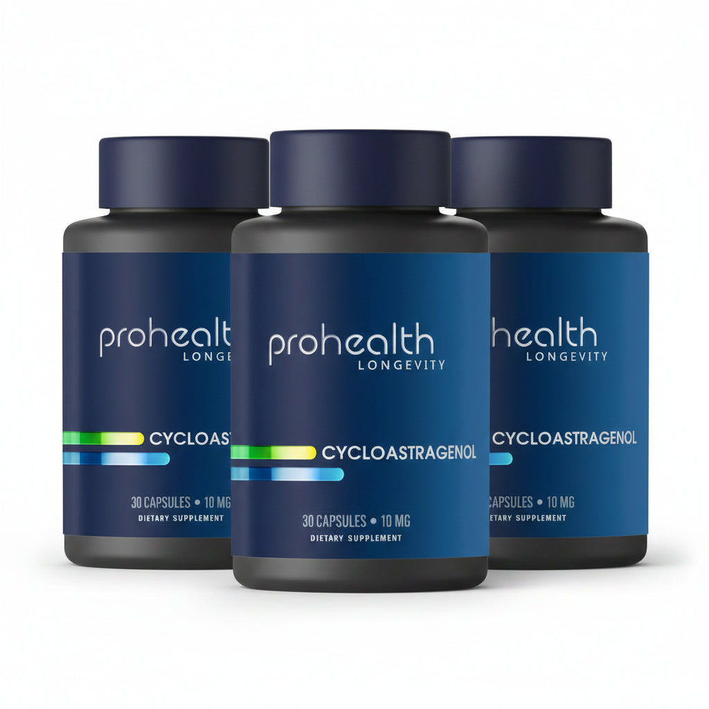 Three bottles of Prohealth Longevity Cycloastragenol offers a scientifically backed way to support cellular renewal and DNA integrity