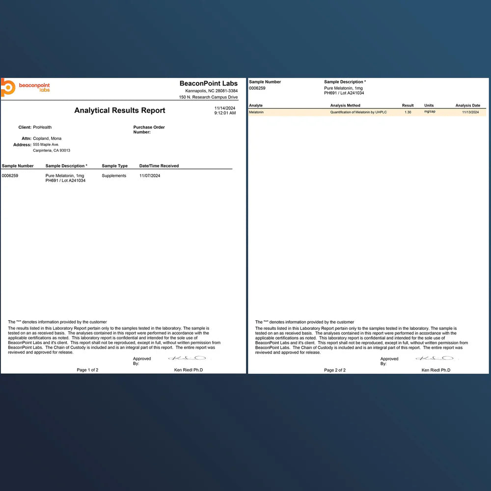 ProHealth Longevity Pure Melatonin - Analytical Results Report