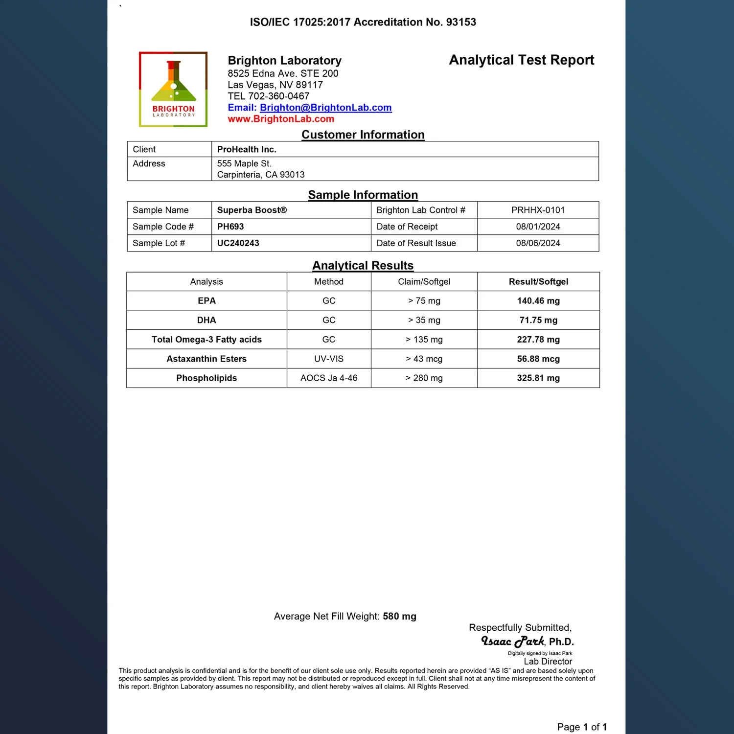 Pure Krill Oil Omega-3 - 500 mg, 60 softgels - Analytical Test Report