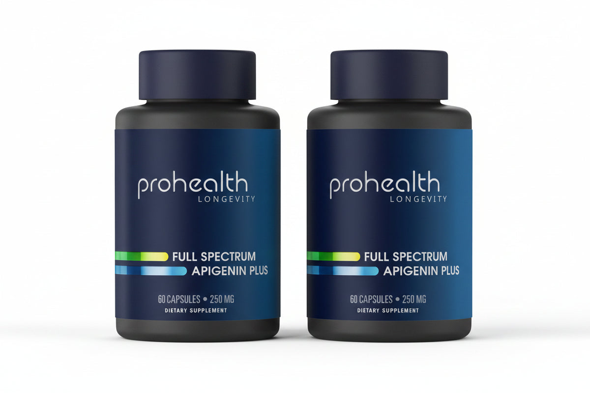 Two bottles of Prohealth Longevity Full Spectrum Apigenin Plus - 250 mg, 60 capsules
