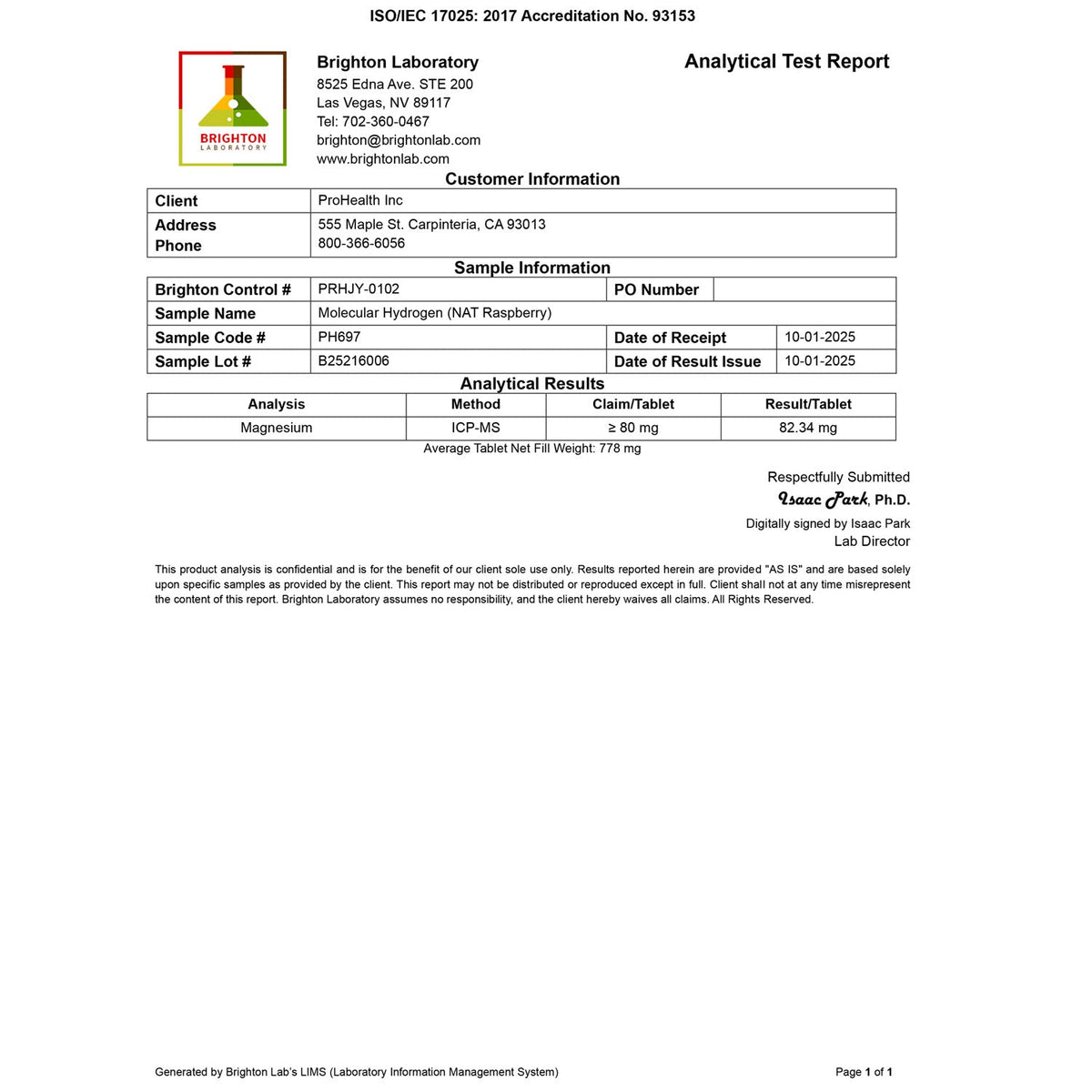 Brighton Laboratory Certificate of Analysis for ProHealth raspberry Molecular Hydrogen Tablets, lot B25216006, October 1, 2025