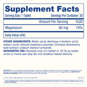Supplement Facts for ProHealth raspberry Molecular Hydrogen Water Tablets: 80 mg magnesium per tablet, 30 servings