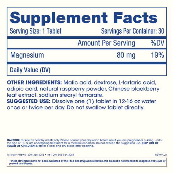 Supplement Facts for ProHealth raspberry Molecular Hydrogen Water Tablets: 80 mg magnesium per tablet, 30 servings