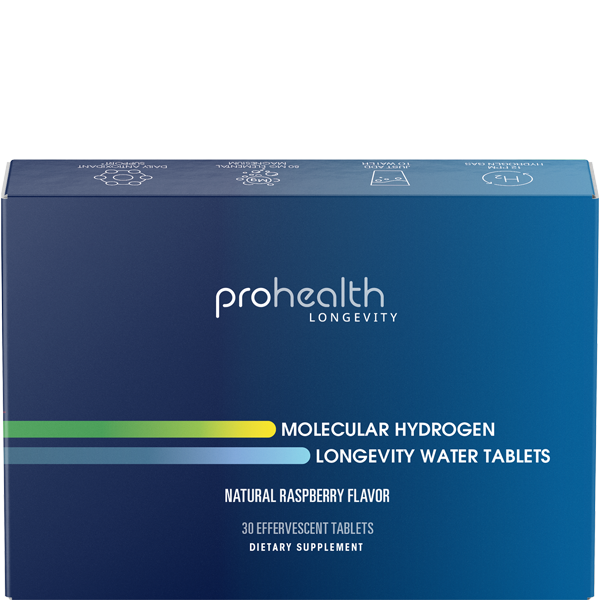 ProHealth Longevity Molecular Hydrogen Water Tablets in natural raspberry flavor, box of 30 effervescent tablets