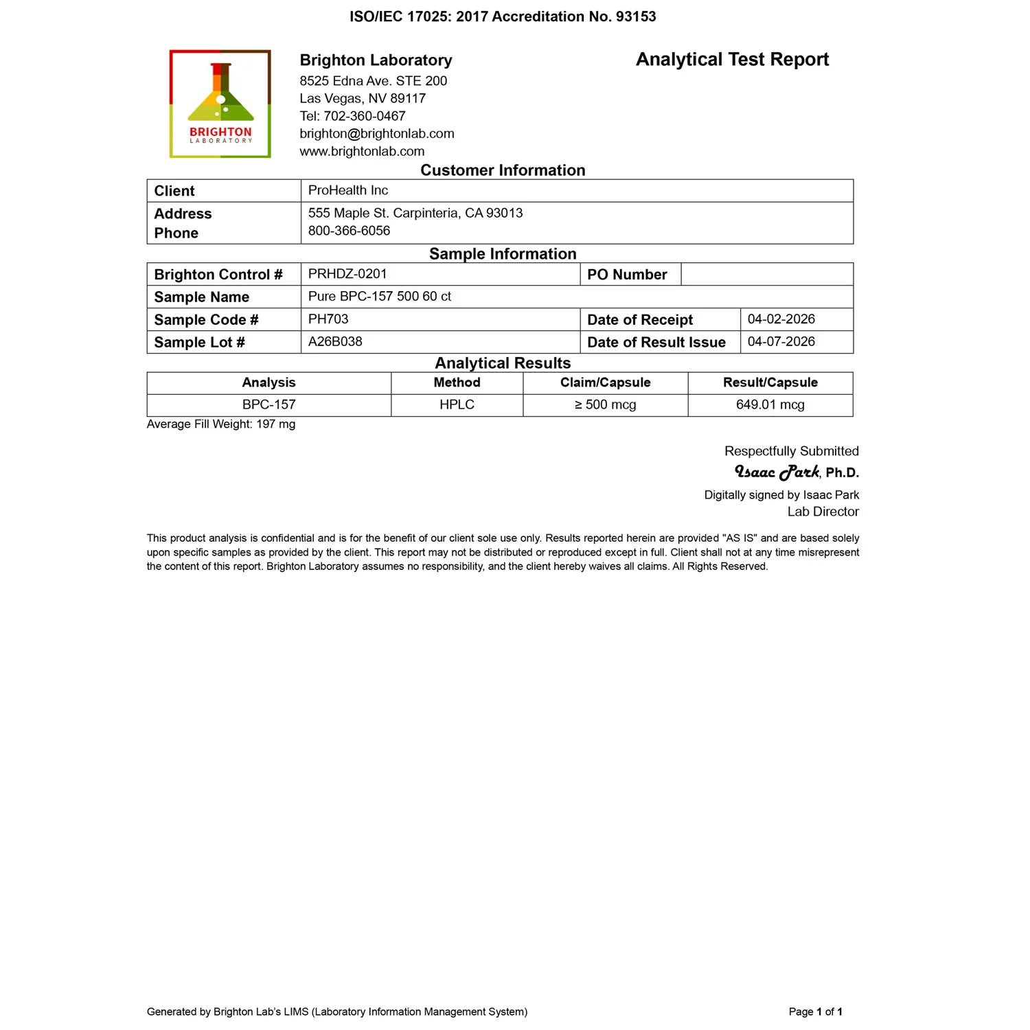 Brighton Laboratory certificate of analysis for Pure BPC-157 supplement showing verified potency and purity results