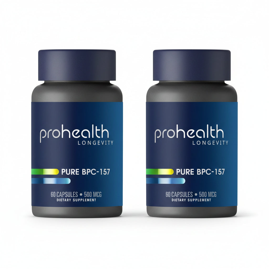 Two bottles of ProHealth Longevity Pure BPC-157 supplement bottle with 500 mcg capsules, 60 count dietary supplement