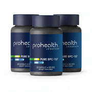 Three bottles of ProHealth Longevity Pure BPC-157 supplement bottle with 500 mcg capsules, 60 count dietary supplement