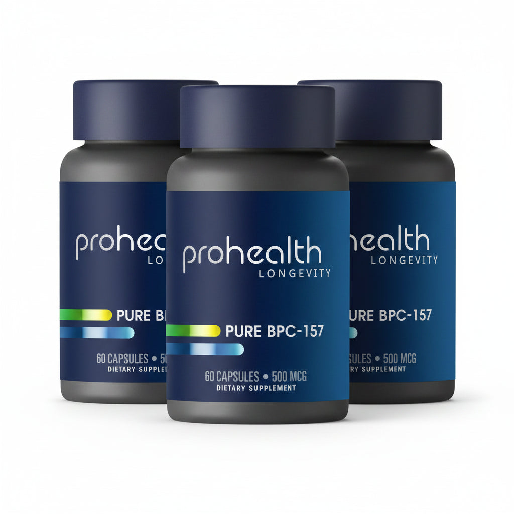 Three bottles of ProHealth Longevity Pure BPC-157 supplement bottle with 500 mcg capsules, 60 count dietary supplement