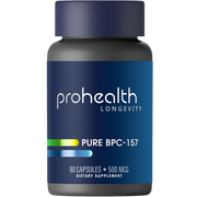 ProHealth Longevity Pure BPC-157 supplement bottle with 500 mcg capsules, 60 count dietary supplement
