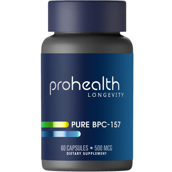 ProHealth Longevity Pure BPC-157 supplement bottle with 500 mcg capsules, 60 count dietary supplement