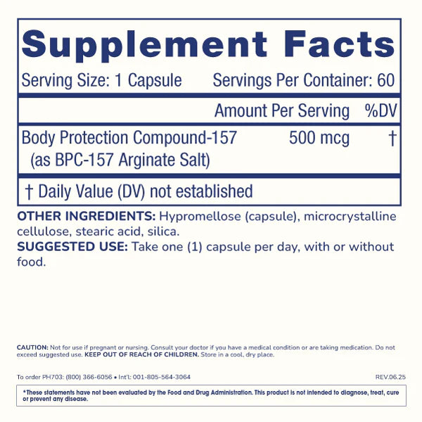 Supplement facts label for Pure BPC-157 showing 500 mcg per capsule, 60 servings, and inactive ingredients