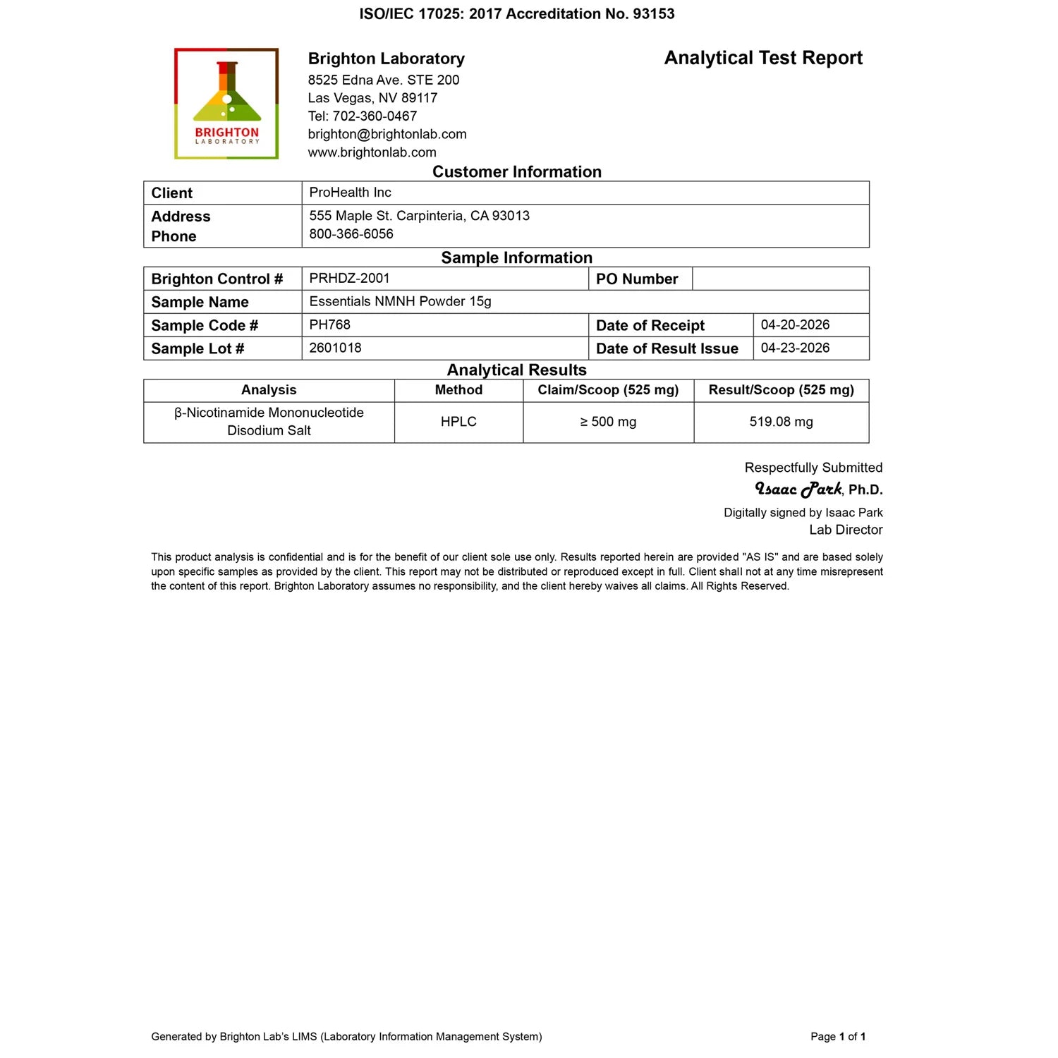 Brighton Laboratory analytical test report verifying ProHealth NMNH Powder with tested Nexergy+™ NMNH content and quality analysis.