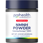 Single jar render of ProHealth Longevity Essentials NMNH Powder featuring Nexergy+™ NMNH dietary supplement in a 15-gram container.