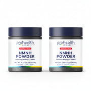 2 jar render of ProHealth Longevity Essentials NMNH Powder featuring Nexergy+™ NMNH dietary supplement in a 15-gram container.