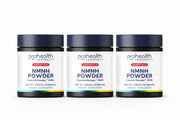 3 jar render of ProHealth Longevity Essentials NMNH Powder featuring Nexergy+™ NMNH dietary supplement in a 15-gram container.