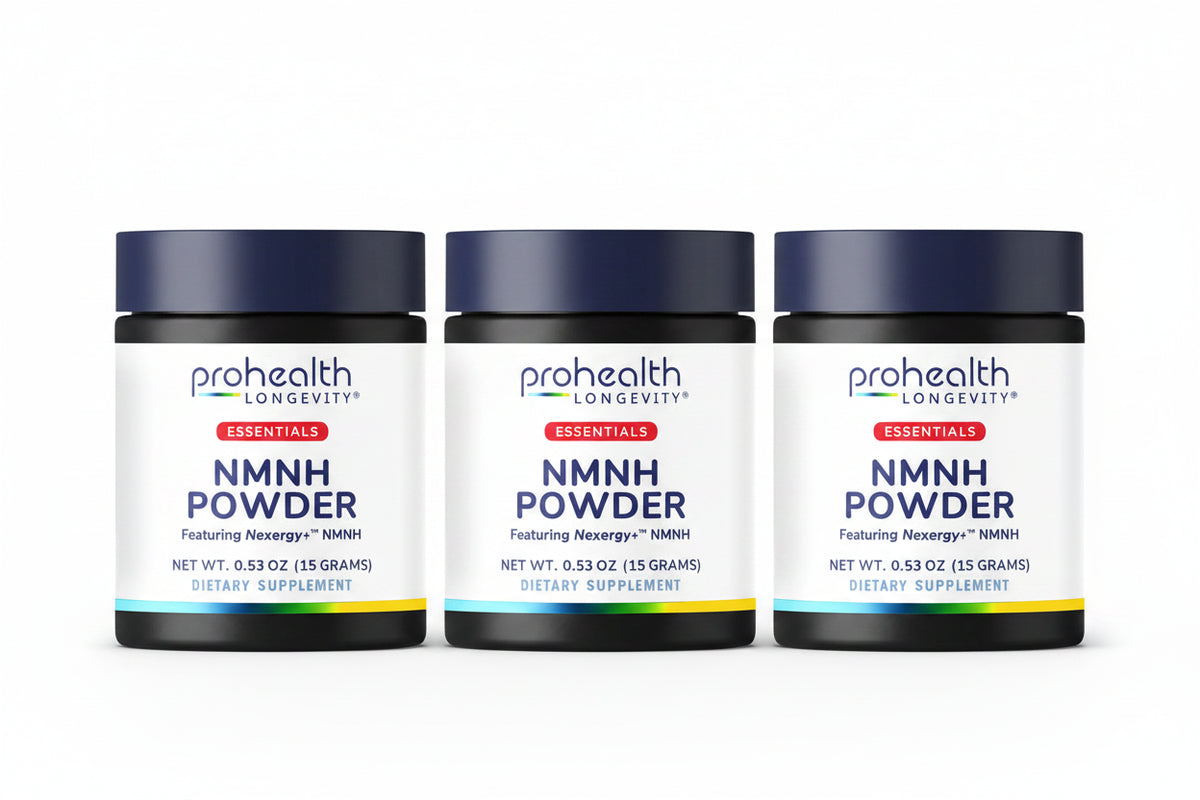 3 jar render of ProHealth Longevity Essentials NMNH Powder featuring Nexergy+™ NMNH dietary supplement in a 15-gram container.