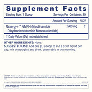 Supplement Facts panel for ProHealth Longevity Essentials NMNH Powder showing 500 mg Nexergy+™ NMNH per scoop and suggested use details.