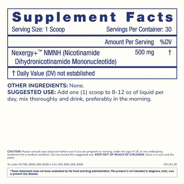 Supplement Facts panel for ProHealth Longevity Essentials NMNH Powder showing 500 mg Nexergy+™ NMNH per scoop and suggested use details.