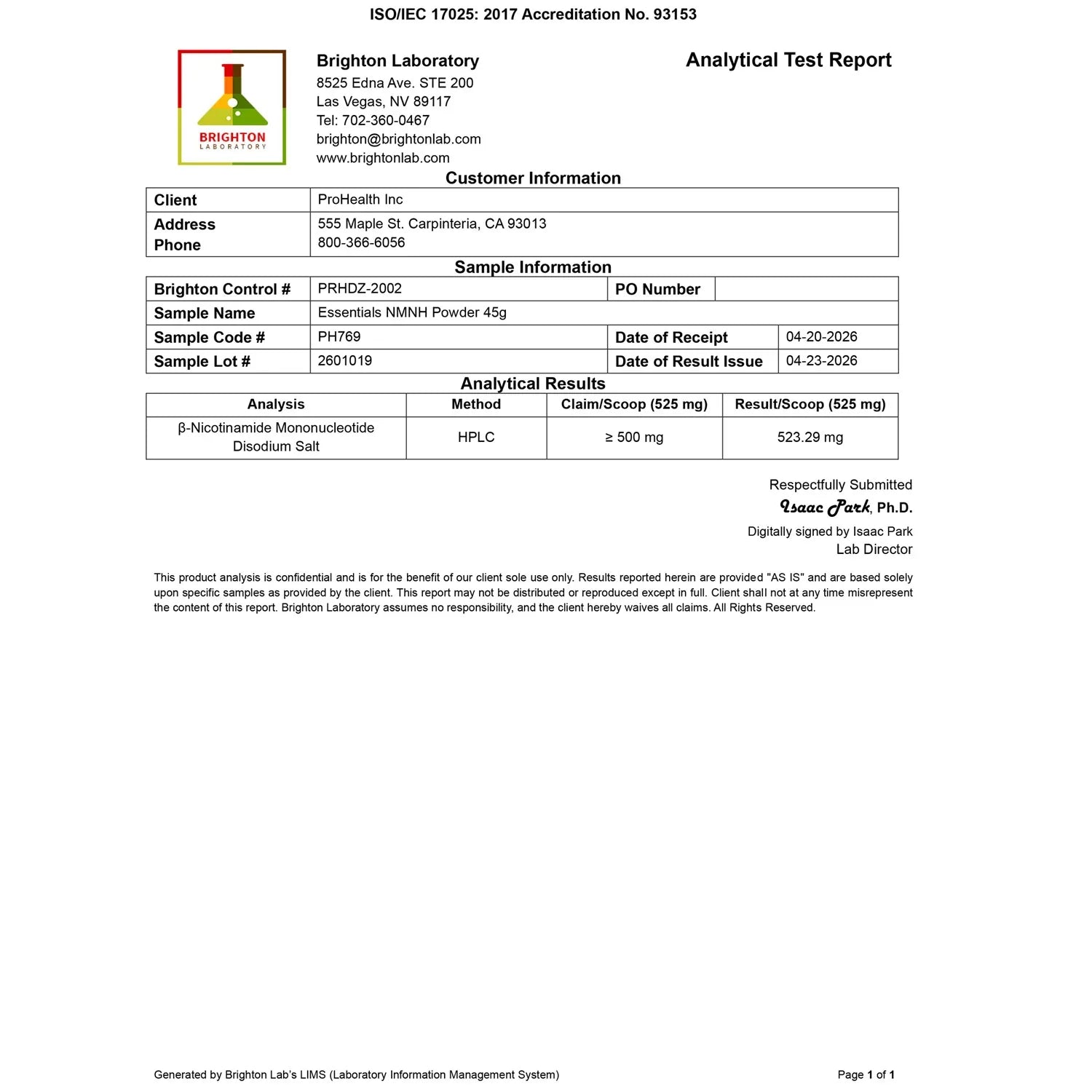 Brighton Laboratory analytical test report verifying ProHealth NMNH Powder 45g with tested Nexergy+™ NMNH content and quality analysis.