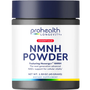 Single jar render of ProHealth Longevity Essentials NMNH Powder featuring Nexergy+™ NMNH dietary supplement in a 45-gram container.