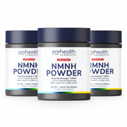 3 jar render of ProHealth Longevity Essentials NMNH Powder featuring Nexergy+™ NMNH dietary supplement in a 45-gram container.