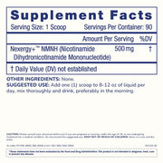 Supplement Facts panel for ProHealth Longevity Essentials NMNH Powder showing 500 mg Nexergy+™ NMNH per scoop and suggested use details.