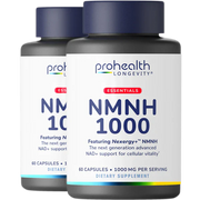 Front-facing two-bottle render of ProHealth Longevity Essentials NMNH 1000 with Nexergy+™ NMNH for cellular vitality and NAD+ support.