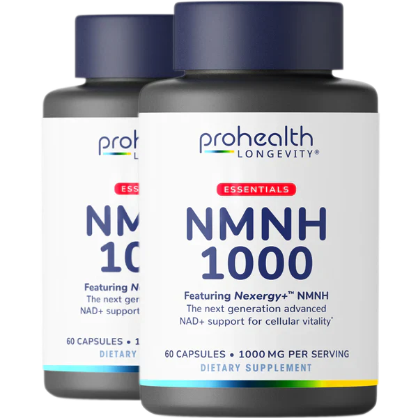 Front-facing two-bottle render of ProHealth Longevity Essentials NMNH 1000 with Nexergy+™ NMNH for cellular vitality and NAD+ support.
