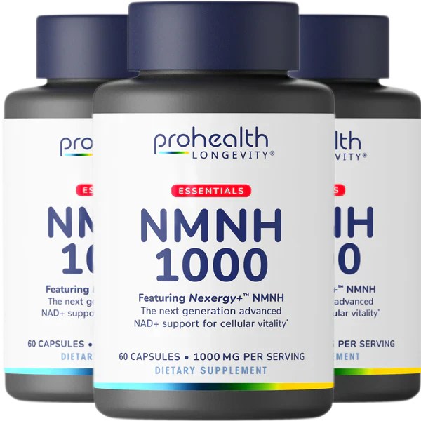 Three-bottle display of ProHealth Longevity Essentials NMNH 1000 featuring Nexergy+™ NMNH dietary supplement with 60 capsules and 1000 mg per serving.