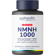 Single bottle product render of ProHealth Longevity Essentials NMNH 1000 dietary supplement featuring Nexergy+™ NMNH.