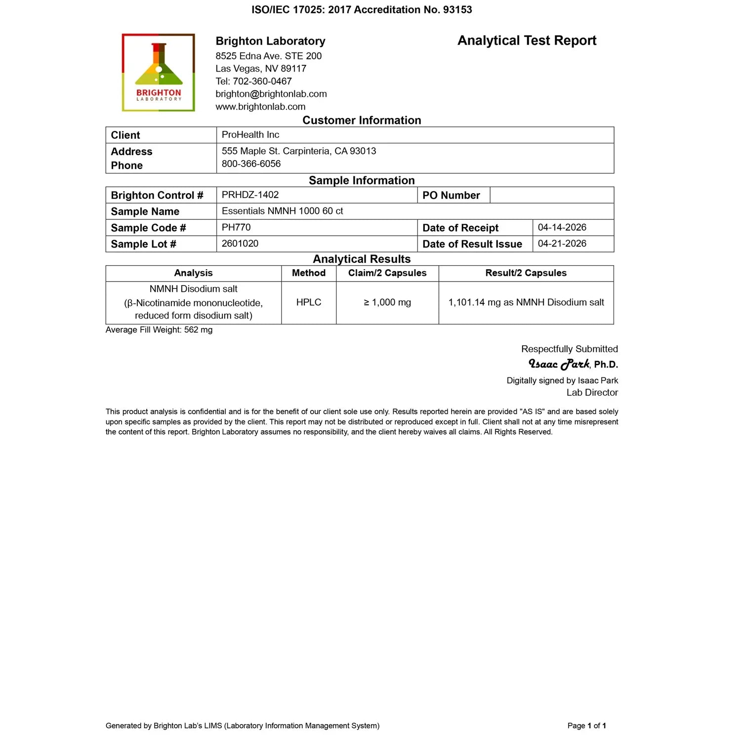Brighton Laboratory analytical test report verifying ProHealth NMNH 1000 capsules with tested Nexergy+™ NMNH content and quality analysis.