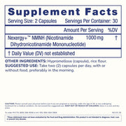 Supplement Facts panel for ProHealth Longevity Essentials NMNH 1000 showing 1000 mg Nexergy+™ NMNH per serving and suggested use details.