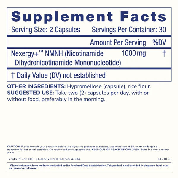 Supplement Facts panel for ProHealth Longevity Essentials NMNH 1000 showing 1000 mg Nexergy+™ NMNH per serving and suggested use details.