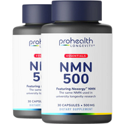 2 bottles of ProHealth Longevity Essentials NMN 500 bottle featuring Nexergy™ NMN, 500 mg dietary supplement with 30 capsules designed to support cellular energy and healthy aging routines. 