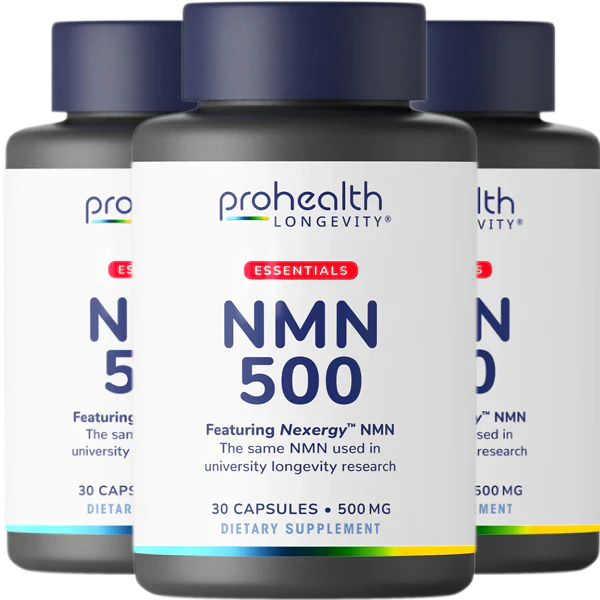 3 bottles of ProHealth Longevity Essentials NMN 500 bottle featuring Nexergy™ NMN, 500 mg dietary supplement with 30 capsules designed to support cellular energy and healthy aging routines.
