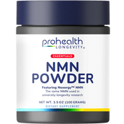ProHealth Longevity Essentials NMN Powder dietary supplement featuring Nexergy™ NMN in a 100-gram powder jar designed to support cellular energy and healthy aging routines.
