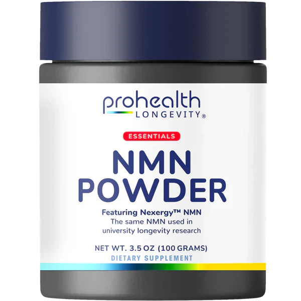 ProHealth Longevity Essentials NMN Powder dietary supplement featuring Nexergy™ NMN in a 100-gram powder jar designed to support cellular energy and healthy aging routines.